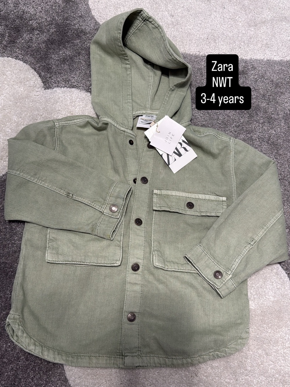 Zara Kids Olive Hooded Button-Front Jacket